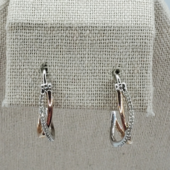 10K Rose Gold and Sterling Silver Pave Diamond Crossover Hoops - Picture 14 of 16